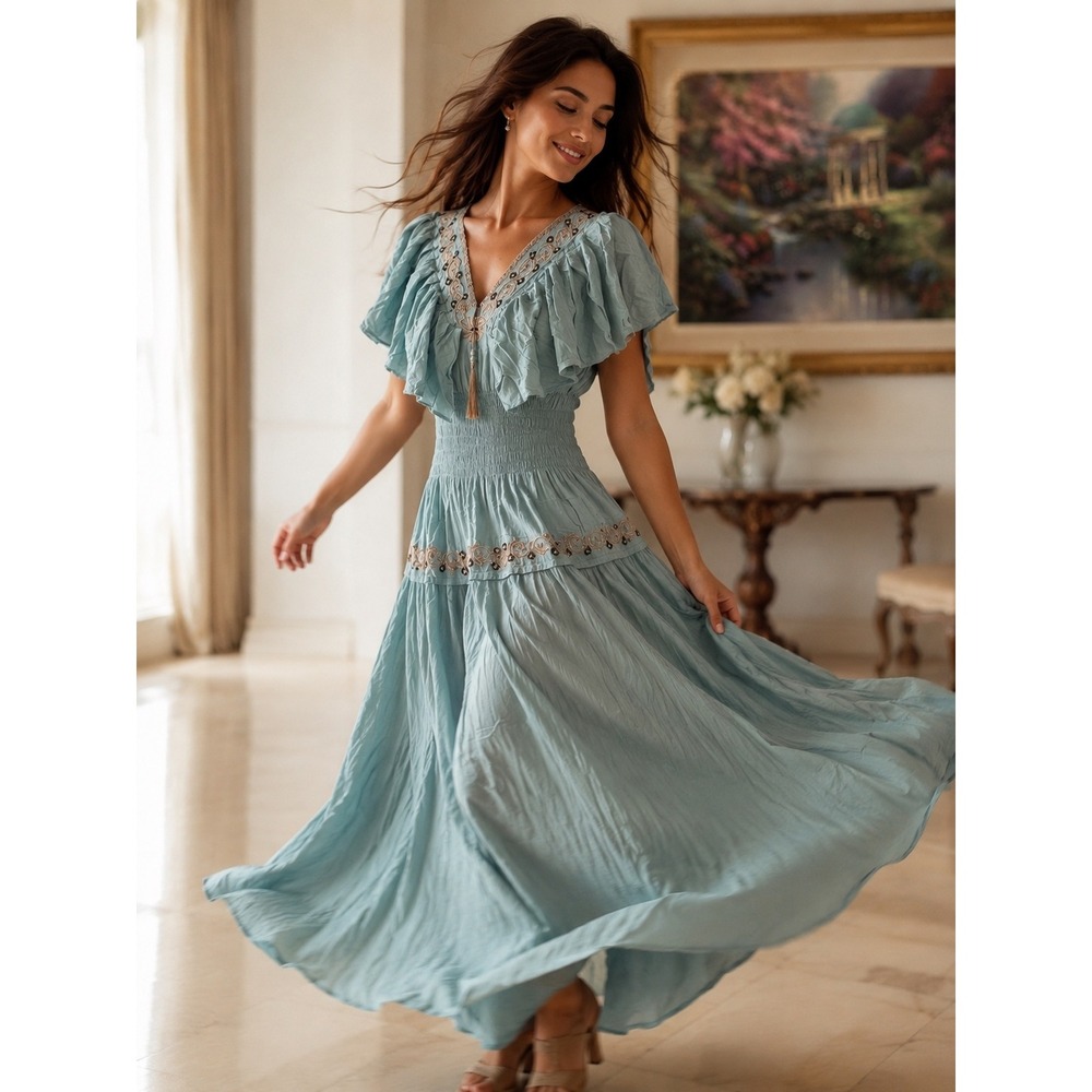 Unbranded Blue Embroidered Boho Maxi Dress Smocked Waist Sequin Accents Womens